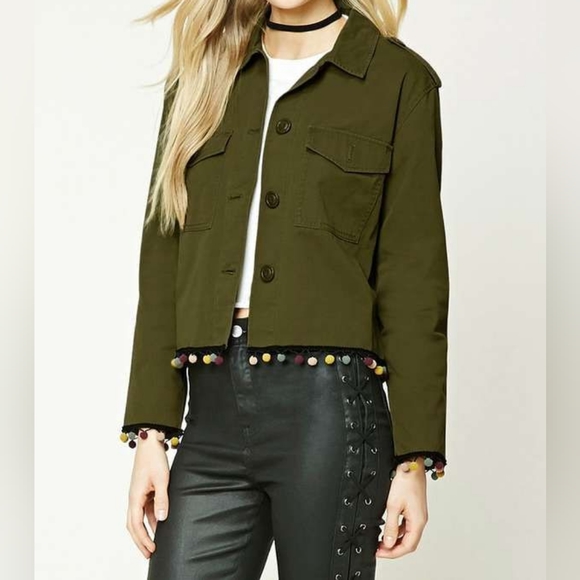 Cropped Shirt Jacket With Pom Pom Trim - Picture 1 of 6